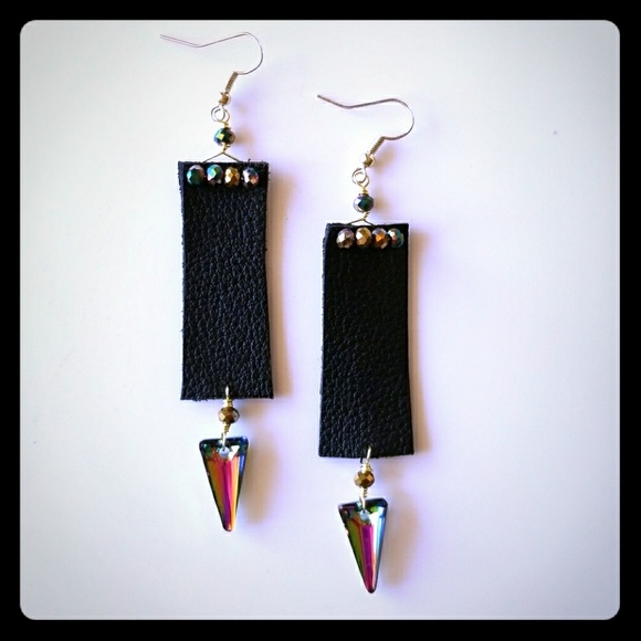 Artistic Whit Jewelry - Badass Black Leather & Rainbow Crystal Earrings
